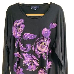 Jones New York Signature Women's Long Sleeve Purple Floral Tee Black 2X